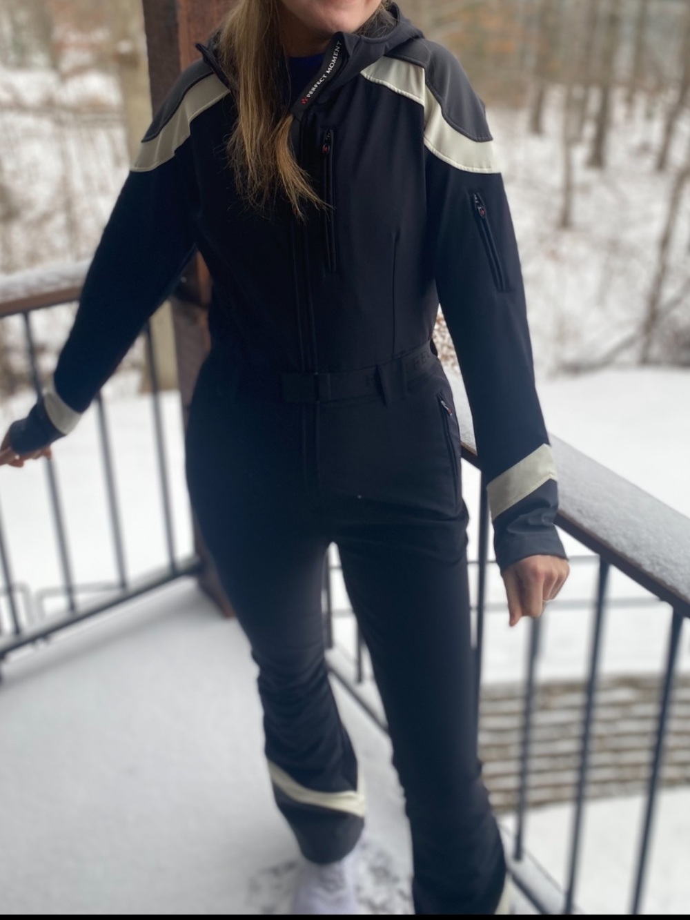 Perfect Moment Black Ski One-Piece with Cream Accents